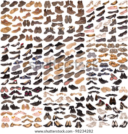 Many old, well-used running shoes and boots, all logos and brand markings removed, isolated on white.
