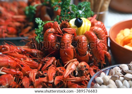 Crawfish. Cancer. Cooked crabs for food
