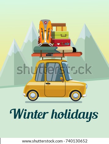Winter holidays. Winter holidays in the mountains. Trip on a winter vacation in the mountains. The trip by car on winter vacation in the mountains.  Flat design. Vector illustration Eps10 file