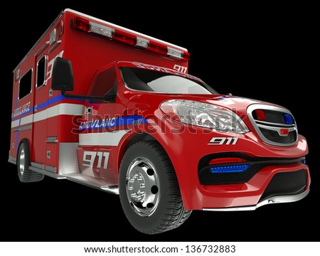 Ambulance: wide angle view of emergency services vehicle on black. Custom made and rendered