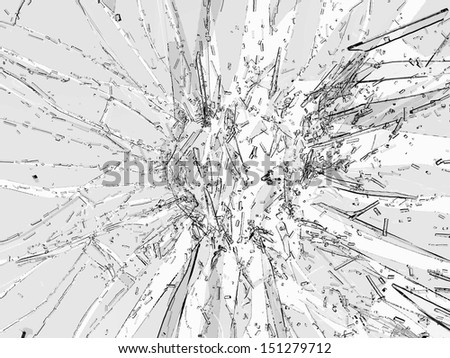 Pieces of broken or Shattered transparent glass on grey