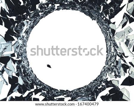 Bullet hole and sharp pieces of shattered glass on white