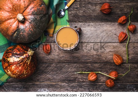 Pumpkins and soup with seeds and ground cherry on wood in Rustic style . Autumn Season food photo