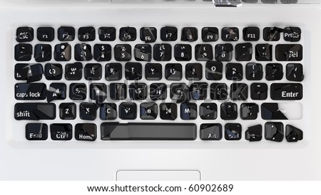 Damaged Laptop keyboard - hack, trojan, virus, cybercrime. Large resolution, isolated over white