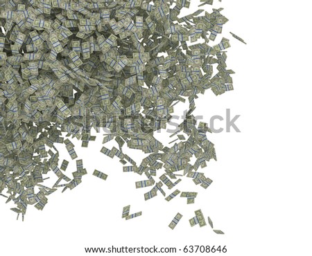 Money scattering. US dollar bundles falling down. Isolated over white