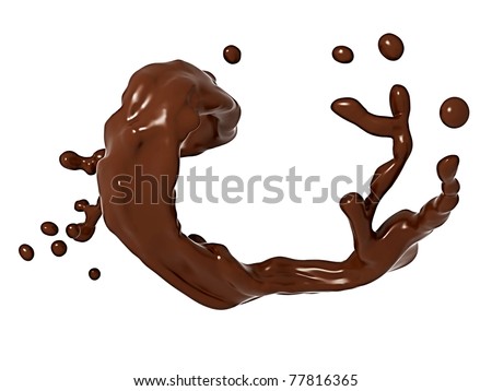 Liquid chocolate splash with droplets isolated over white background. Large resolution