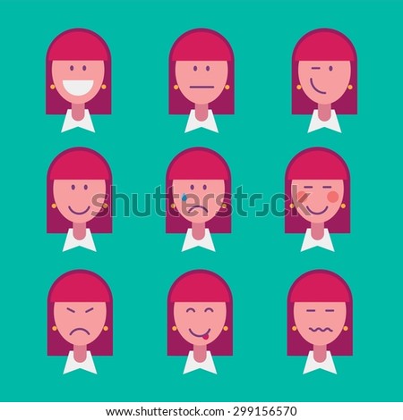 Flat girl with different emotions. Vector illustration