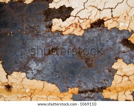 Stock macro photo of the texture of rusty metal with peeling paint.  Useful for grunge layer masks and abstract backgrounds.