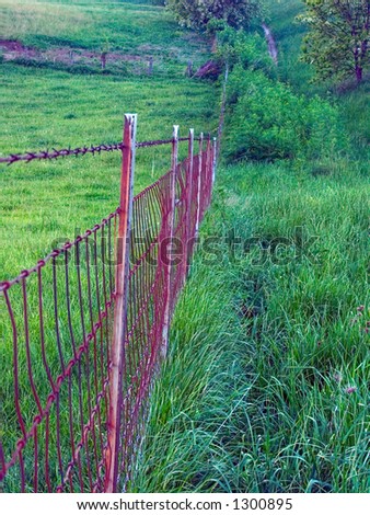 An old rusty barbed wire fence running through a field of long green grass.  Medium DOF with focus toward the second fence post.
