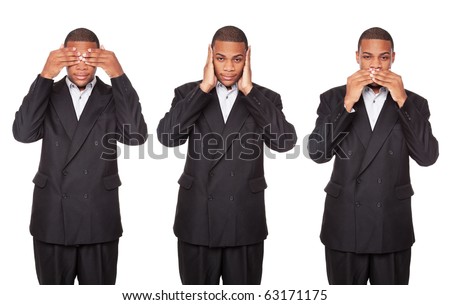 Isolated studio shot of an African American businessman in the See No Evil, Hear No Evil, Speak No Evil poses.