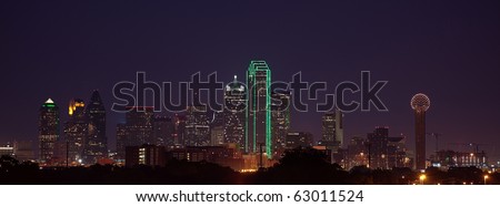 A view of the Dallas Skyline from the West at dusk, just after sunset.