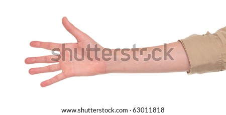 Closeup isolated studio shot of the front view of a womans outstretched hand in a number five sign
