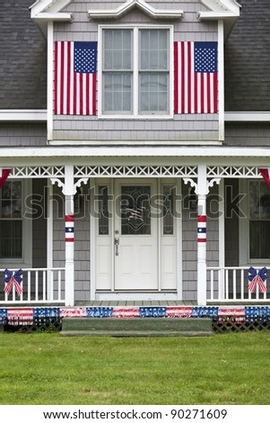 A patriotic house decorated for the Fourth of July.