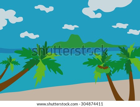 Palm tree on tropical beach / Scenic view of palm tree on deserted tropical beach with sea in background