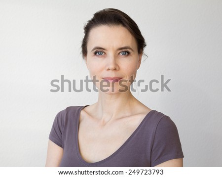 Close-up portrait of woman 30-40 years old looking into camera