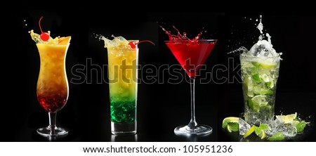 set with different cocktails on black background