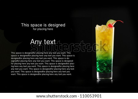 Tropical cocktail isolated on black background with cocktail cherry