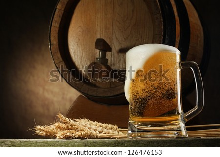Still Life With A Keg Of Beer And Beer In The Mug