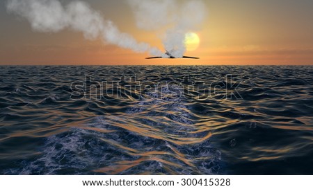 Stealth Bomber Flying Into The Sunset With Vapor Trails Computer graphics created in modeling software.