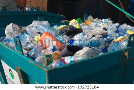 DEN HAAG, NETHERLANDS - MARCH 14, 2014: Container with plastic waste from fishing boats in the scheveningen harbor. 80 per cent of the plastic can be recycled. The rest can be used as special fuel.