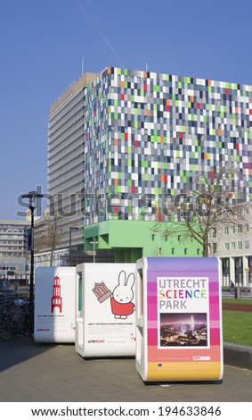 UTRECHT, NETHERLANDS - MARCH 29, 2014: modern architecture and billboards on the campus of the Utrecht University.