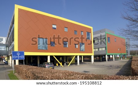 UTRECHT, NETHERLANDS - MARCH 29, 2014: Modern exterior of the Wilhelmina children\'s hospital. In 2013 it celebrated its 125 years existence