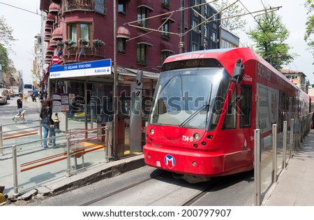 ISTANBUL - APRIL 27, 2014: Tram waiting on the Gulhane tram station. Istanbul has one modern tramline, which runs from about 5 am until midnight.
