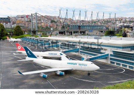 ISTANBUL - JULY 1, 2014: Airport scale model at Miniaturk park in istanbul, the largest miniature park in the world. The park contains 105 buildings, each replicated on a scale of 1:25.