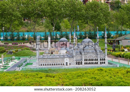 ISTANBUL - JULY 1, 2014: Scale model of the Blue mosque at Miniaturk park in istanbul, the largest miniature park in the world. The park contains 105 buildings, each replicated on a scale of 1:25.