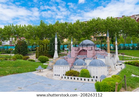 ISTANBUL - JULY 1, 2014: Scale model of the Ayasofia mosque at Miniaturk park in istanbul, the largest miniature park in the world. The park contains 105 buildings, each replicated on a scale of 1:25.
