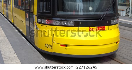 BERLIN - JULY 27, 2014: Close-up of a berlin tram.  It is one of the oldest tram networks in the world having its origins in 1865 and is operated by Berliner Verkehrsbetriebe (BVG), founded in 1929.
