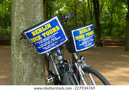 BERLIN - JULY 27, 2014: Two rental bikes from Berlin bike tours. They offer guided bike tours to see the city with other visitors
