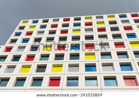THE HAGUE, NETHERLANDS - SEPTEMBER 13, 2014: Modern school building exterior. The Mondriaan secondary school offers almost 200 training courses for 12 different professional sectors