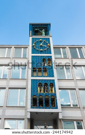 ESSEN, GERMANY - SEPTEMBER 14, 2014: Art nouveau clock tower in the city center. In 2010 Essen was one of the three european capitals of culture
