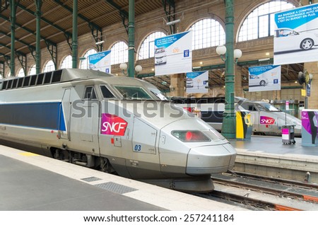 PARIS - OCTOBER 12, 2014: TGV high speed train at Gare du Nord in Paris