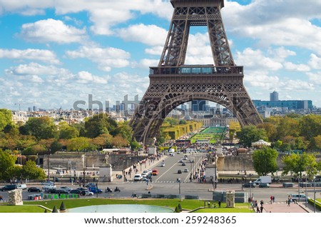 lower part of the Eiffel tower in Paris, France. Seen from the Trocadero Square