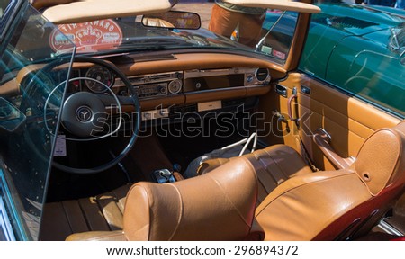 OLDENZAAL, NETHERLANDS - APRIL 27, 2015: Interior of an oldtimer Mercedes-Benz car during the 14th orange tour.