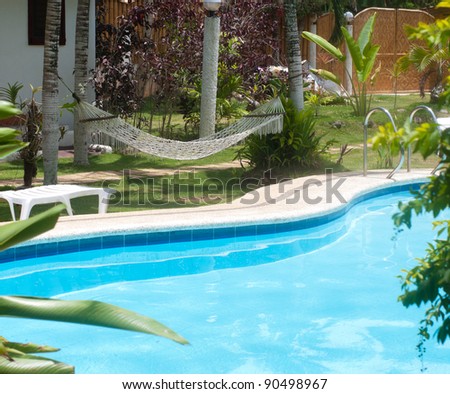 swimming pool in a tropical garden with hammock