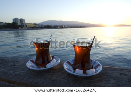 Glass Of Turkish Tea And Atakum Beach, Turkey-Samsun. Selective Focus On Tea Glass.