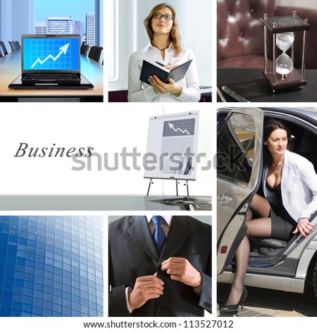 collage of business situations in modern world with companies and their workers