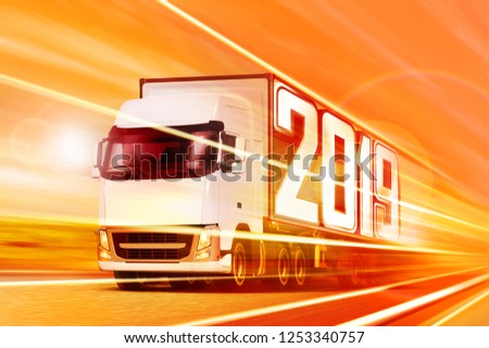 3d illustration of white truck that moving in tunnel at night