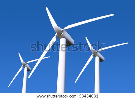 Three white wind turbine generating electricity on blue sky