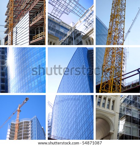 collage of construction of modern skyscrapers and building crane