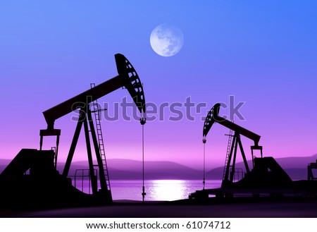 Working oil pump in deserted district in the bright of the moon