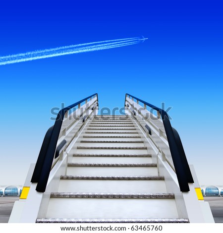 frontal view of white ramp in airport and fly away plane