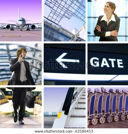 collage of business trip by means of avia transport