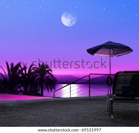 Moon night on beach of Greece, luxurious resort