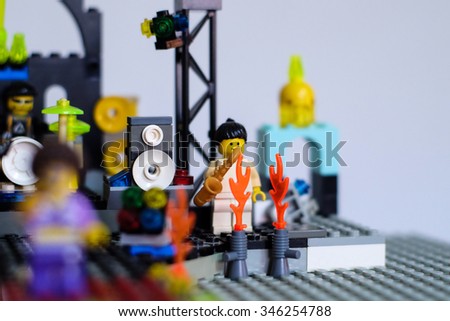 Bangkok Thailand, November 4, 2015. The Lego story: She is playing the saxophone with pop&jazz club concert tour.