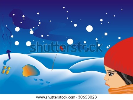 Arctic scene with girl and winter shelter