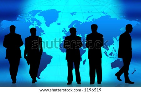 Business people doing different things in front of a world map.